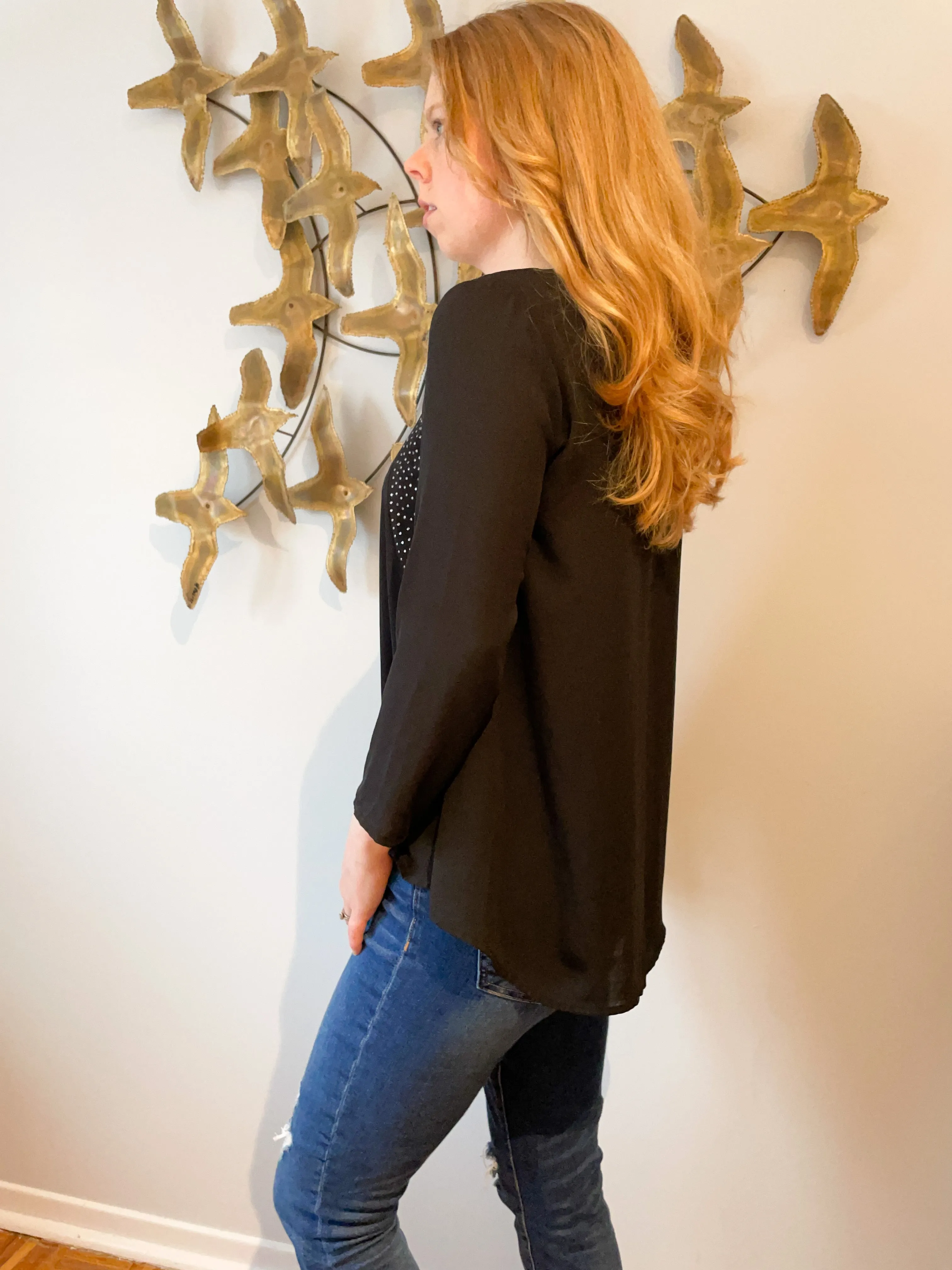 H&M Black Studded 3/4 Sleeve Flowy Top - Size 6