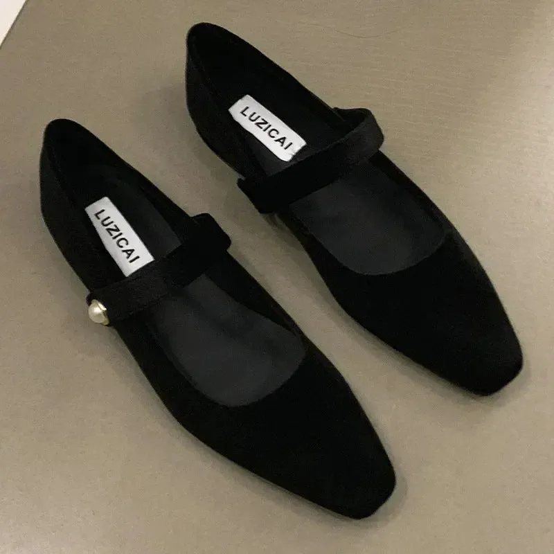Hnzxzm Suede Flats Loafers Women Marie Janes Spring Shoes 2024 Square Toe Ballet Dance Shoes Fashion Luxury Dress Zapatillas De Mujer
