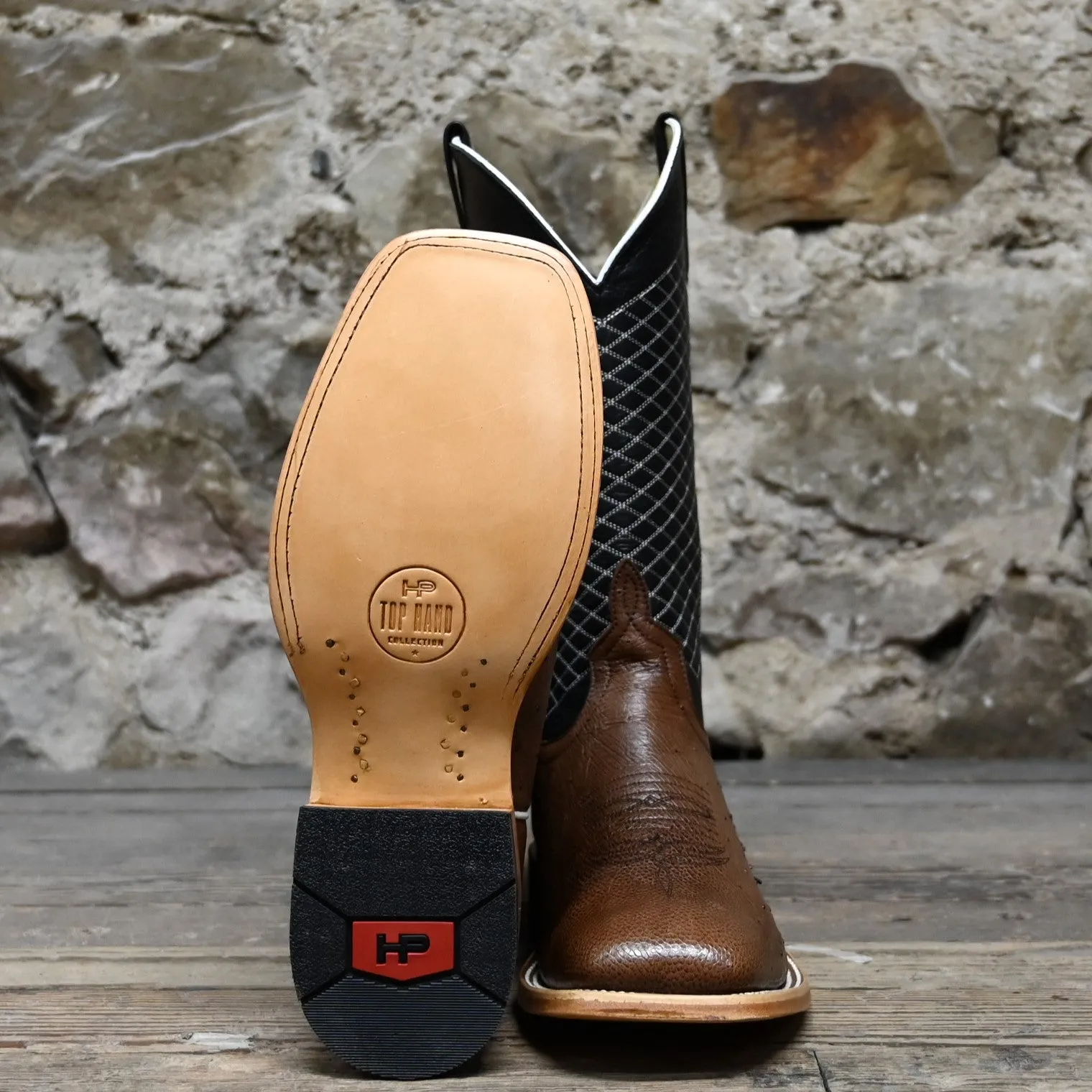 Horse Power Kango Boot with Ostrich Vamp in Tabbaco and Black Shank