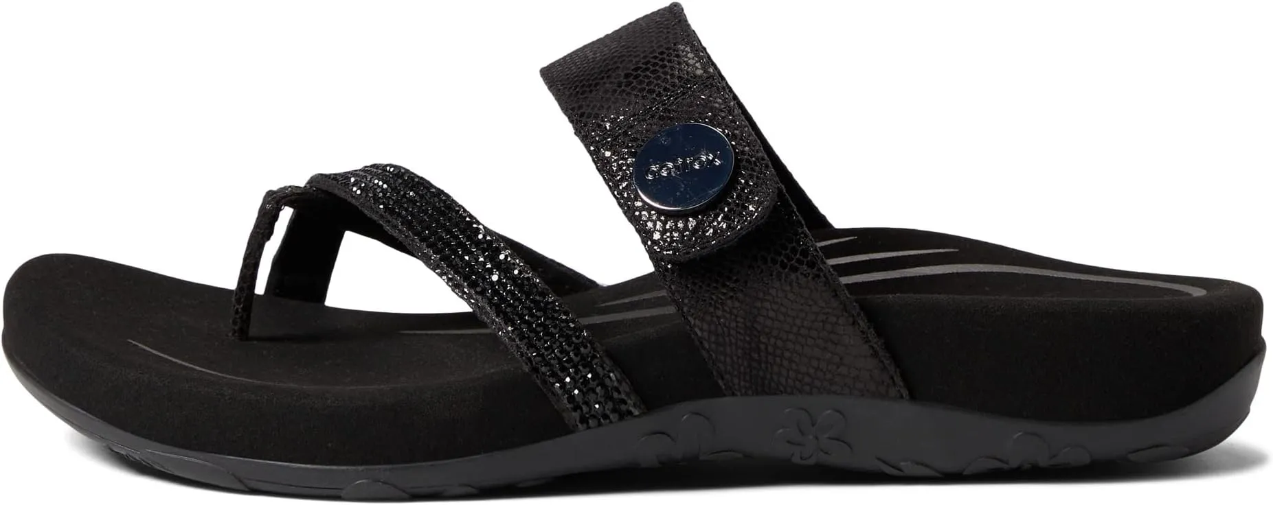 Izzy Sparkle Aetrex Flat Sandals in Black Sparkle