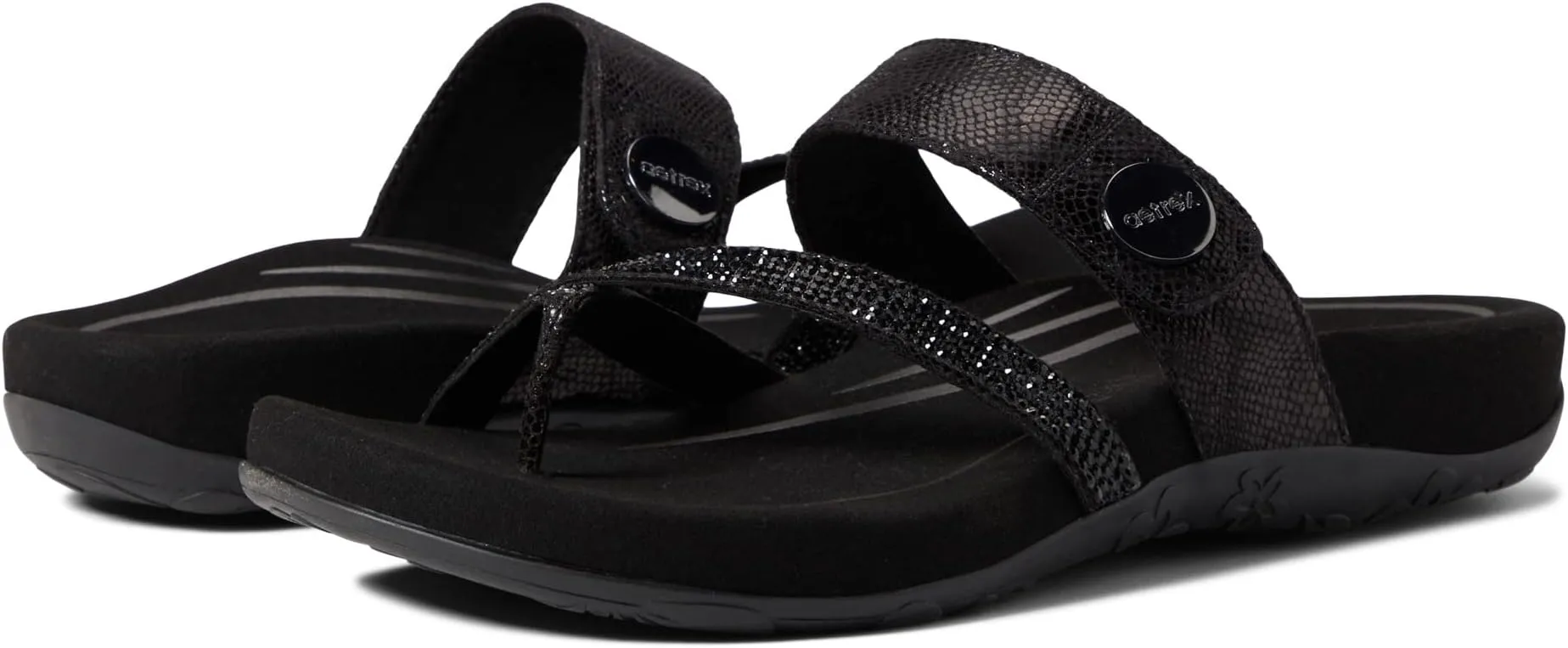 Izzy Sparkle Aetrex Flat Sandals in Black Sparkle