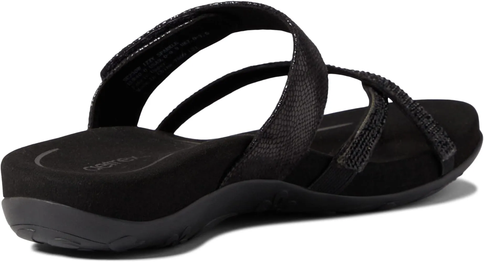 Izzy Sparkle Aetrex Flat Sandals in Black Sparkle
