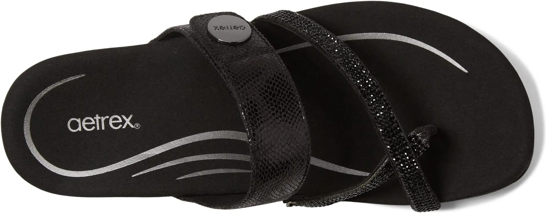 Izzy Sparkle Aetrex Flat Sandals in Black Sparkle