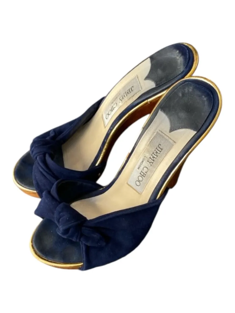 Jimmy Choo Shoe Size 37 Navy & Brown Suede & Wood Peep Toe Tie Detail Heel Shoes