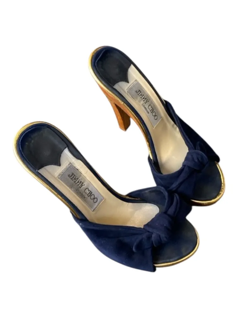 Jimmy Choo Shoe Size 37 Navy & Brown Suede & Wood Peep Toe Tie Detail Heel Shoes