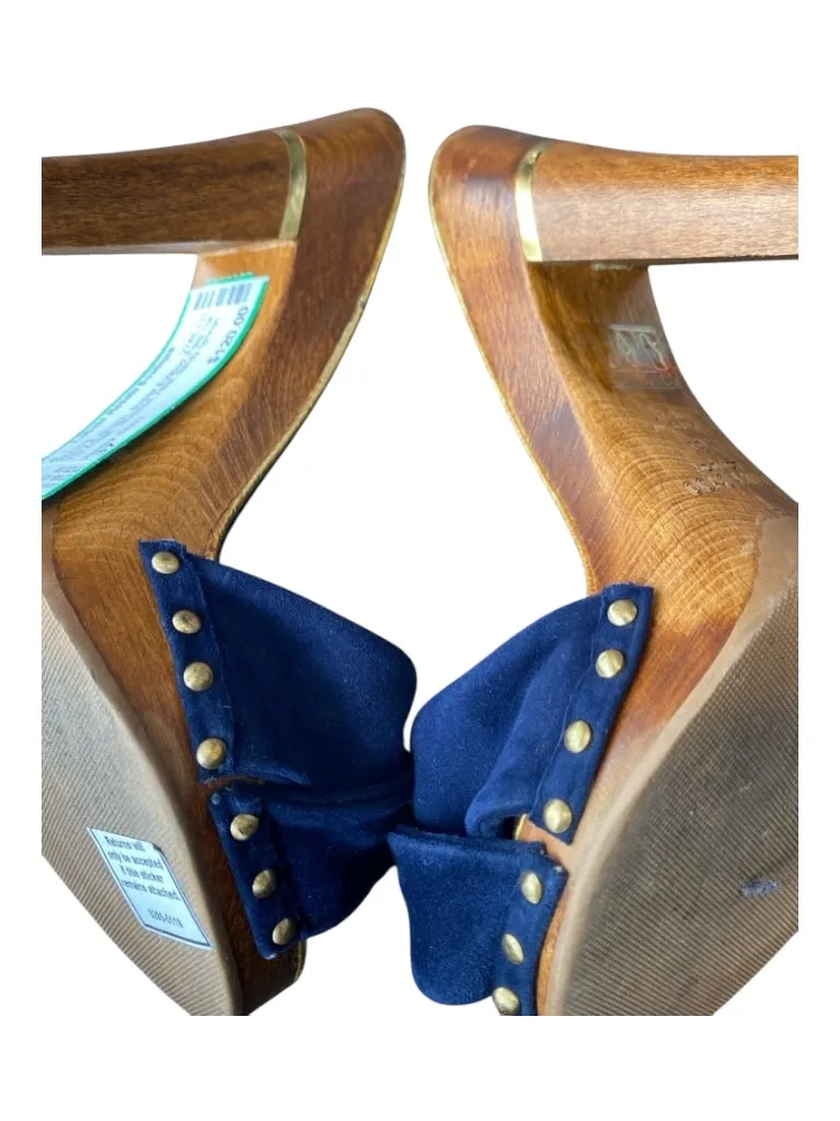 Jimmy Choo Shoe Size 37 Navy & Brown Suede & Wood Peep Toe Tie Detail Heel Shoes