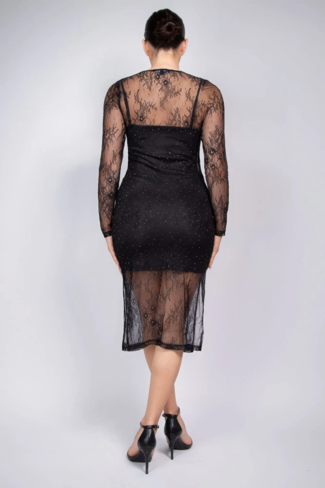 Lace Rhinestone-studded Slit Midi Dress for Women