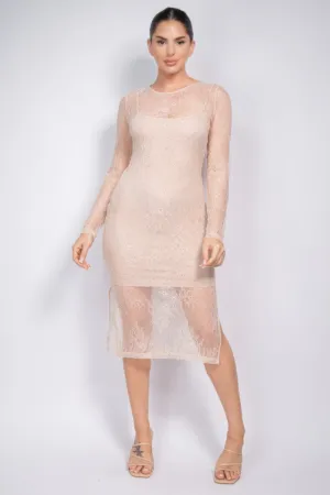 Lace Rhinestone-studded Slit Midi Dress for Women