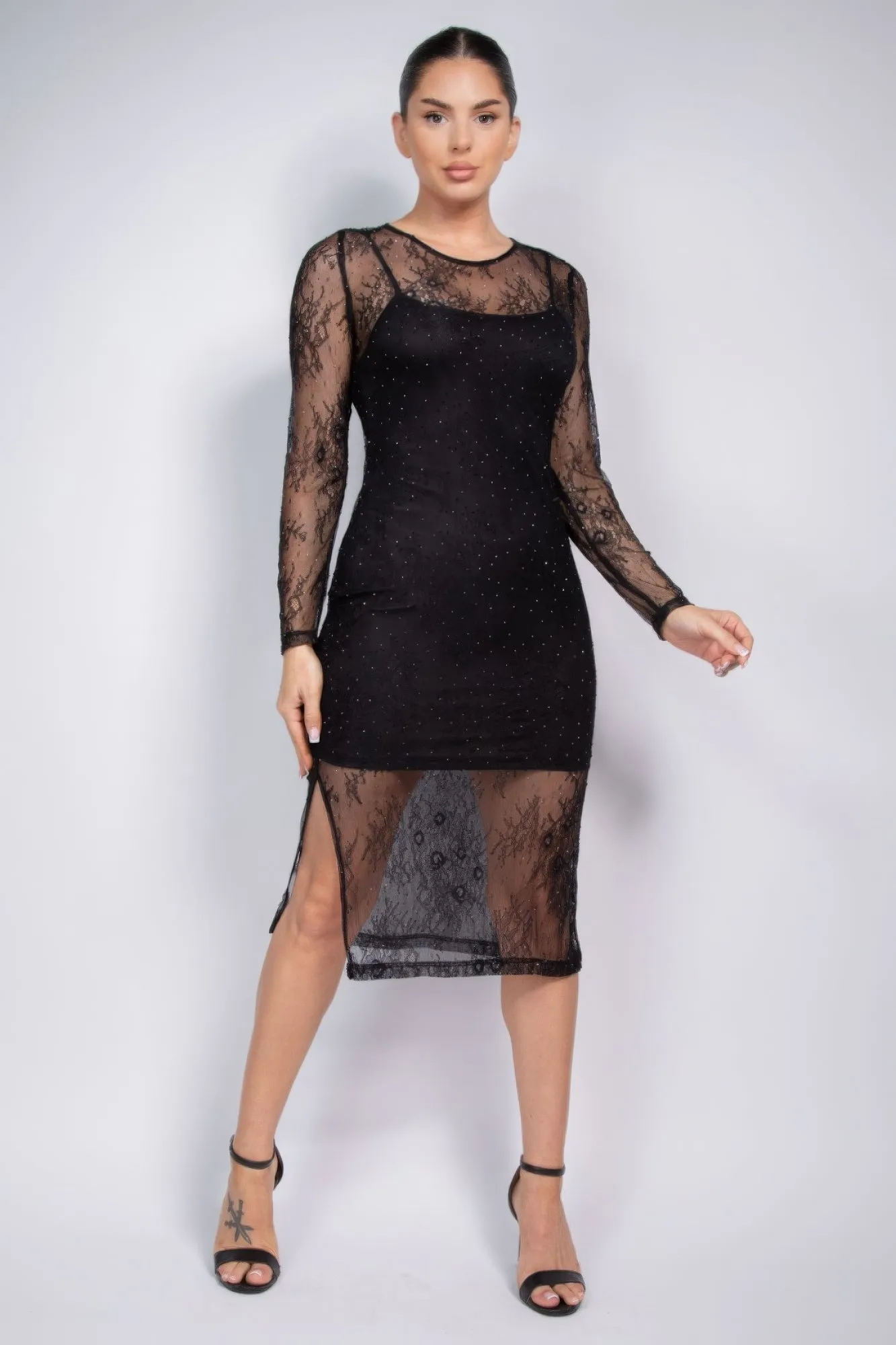 Lace Rhinestone-studded Slit Midi Dress for Women