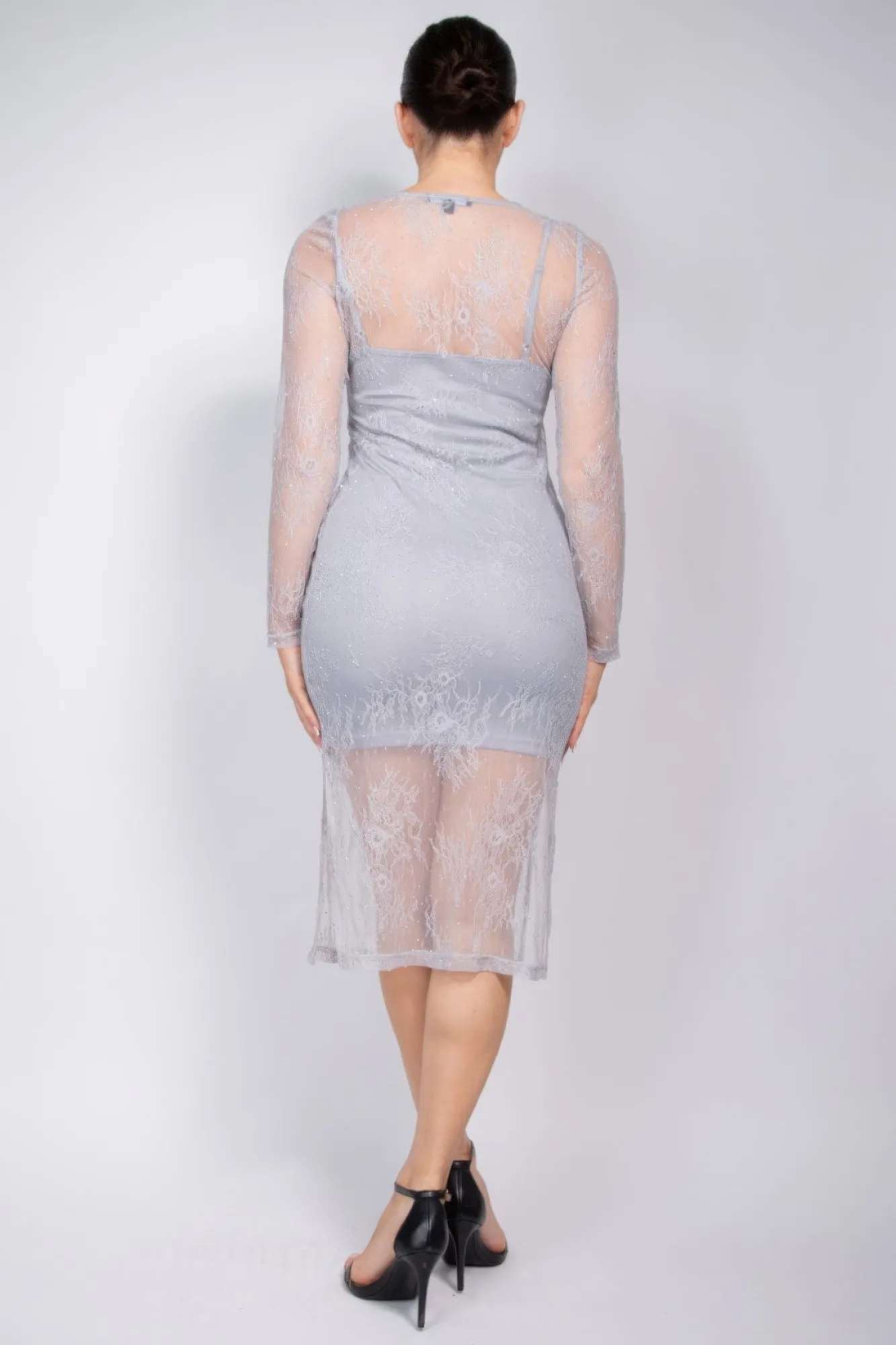 Lace Rhinestone-studded Slit Midi Dress for Women