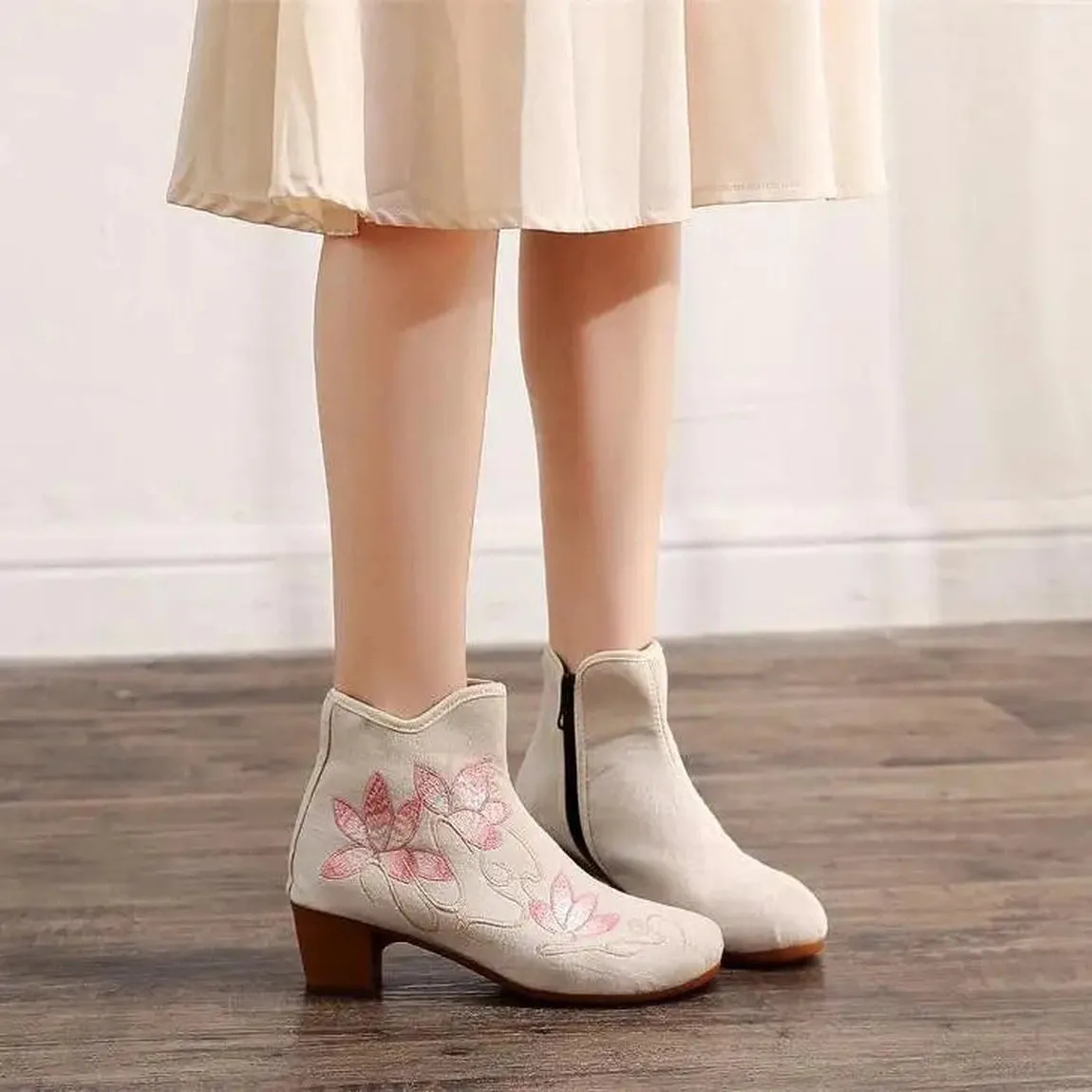 Merendy Abeer Round toe block heel floral white embroidered boots ankle