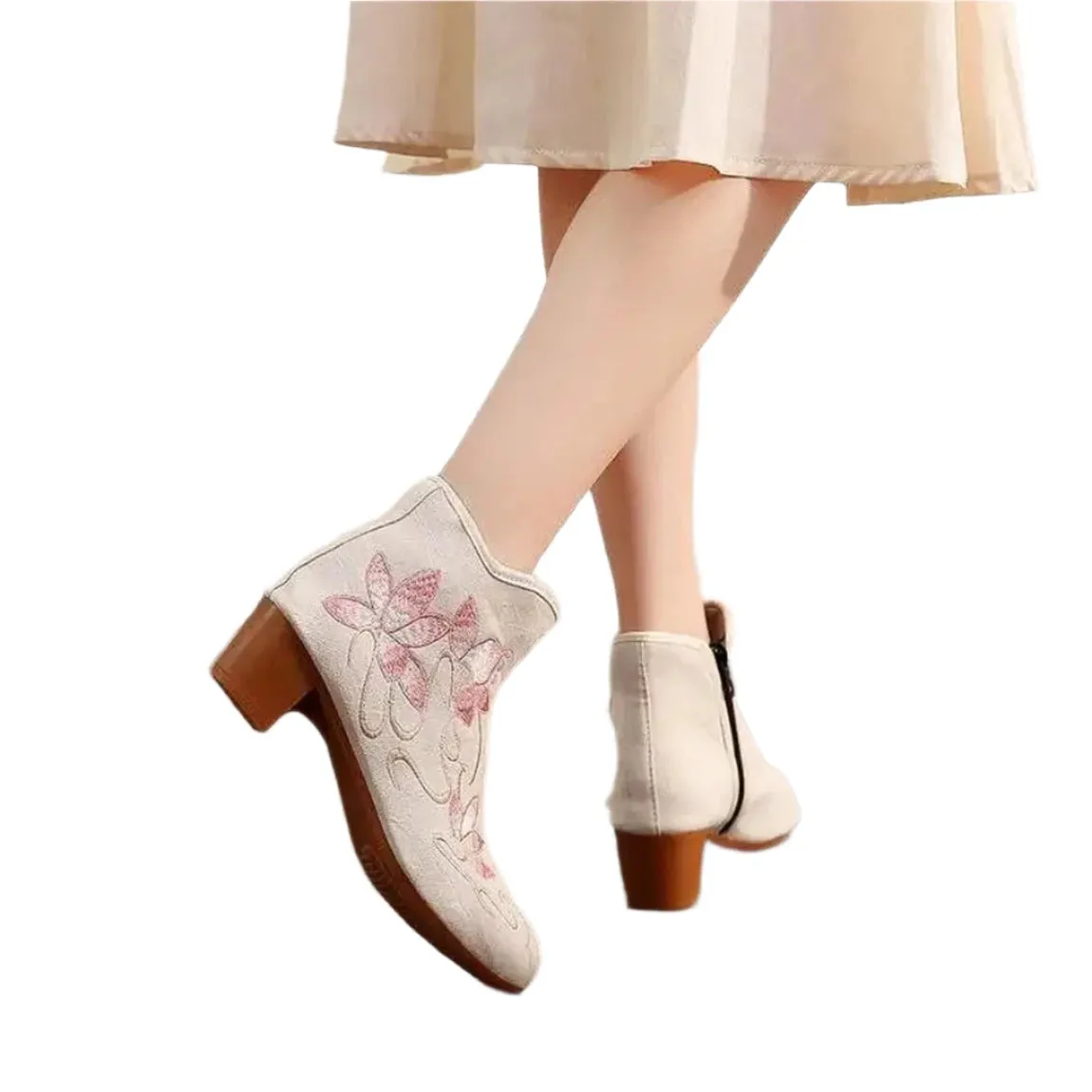 Merendy Abeer Round toe block heel floral white embroidered boots ankle