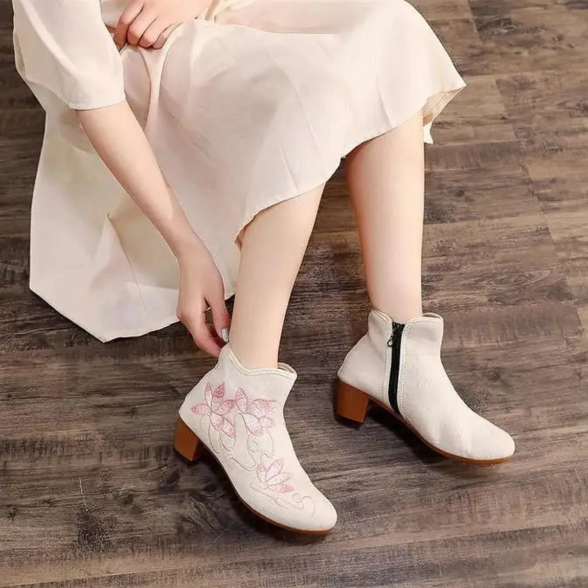 Merendy Abeer Round toe block heel floral white embroidered boots ankle