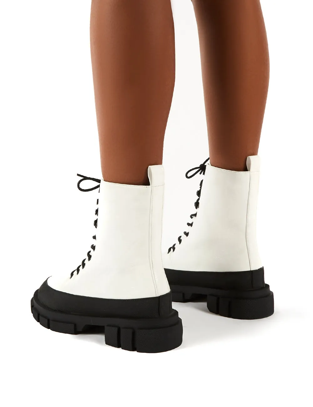 Mischief White Patent Lace Up Chunky Sole Ankle Boots