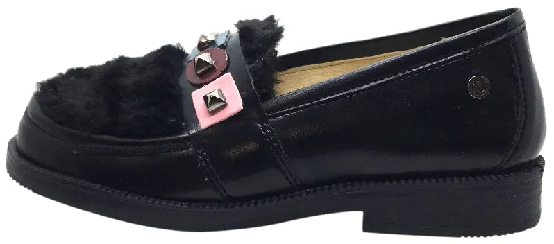 Naturino Girl's 9211 Black Soft Faux Fur Upper Studded Smooth Leather Slip On Platform Loafers