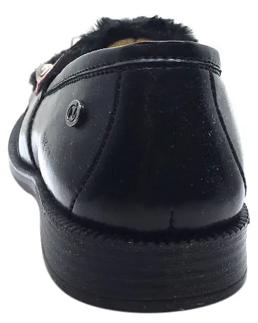 Naturino Girl's 9211 Black Soft Faux Fur Upper Studded Smooth Leather Slip On Platform Loafers