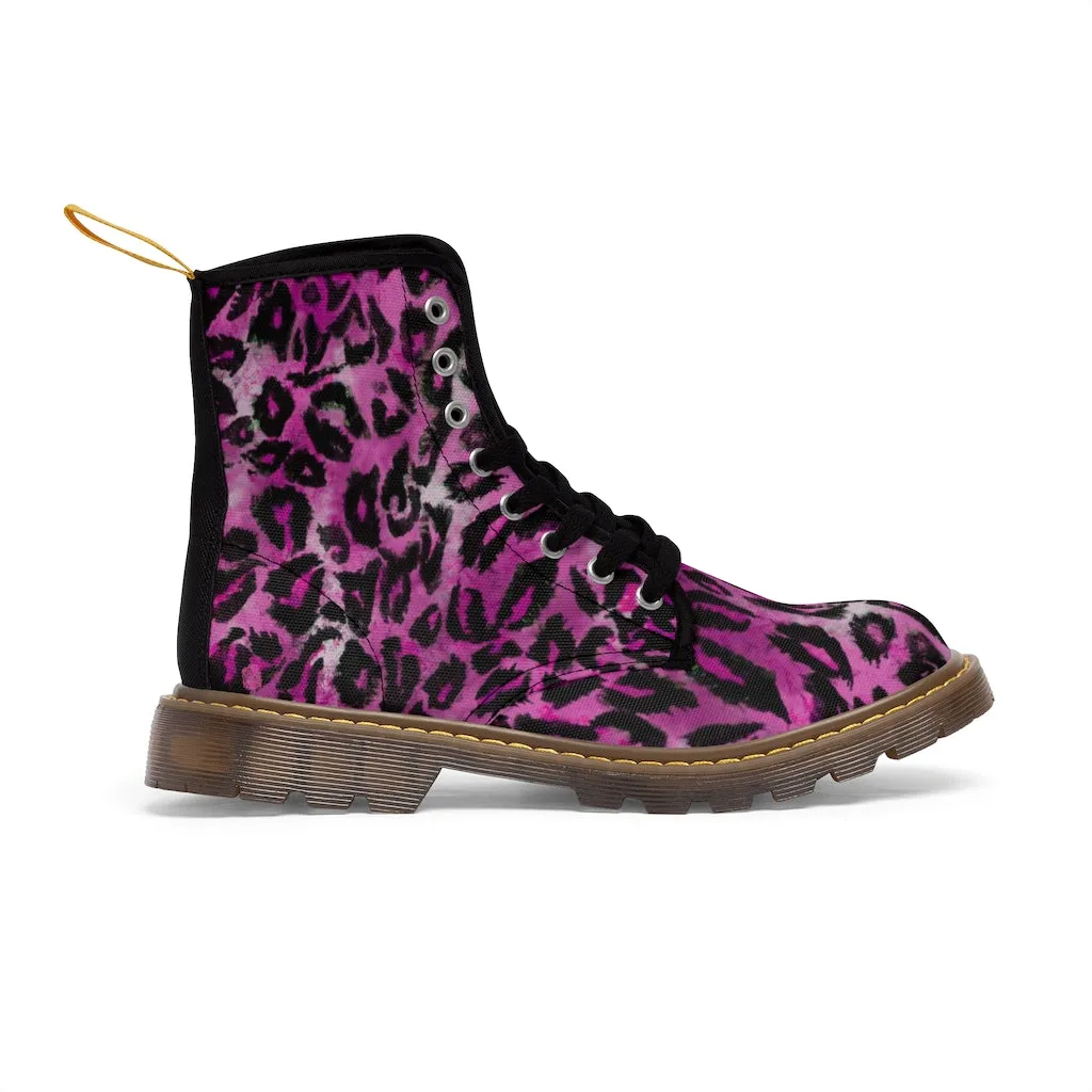 Pink Leopard Women's Canvas Boots, Best Leopard Animal Print Winter Boots For Ladies