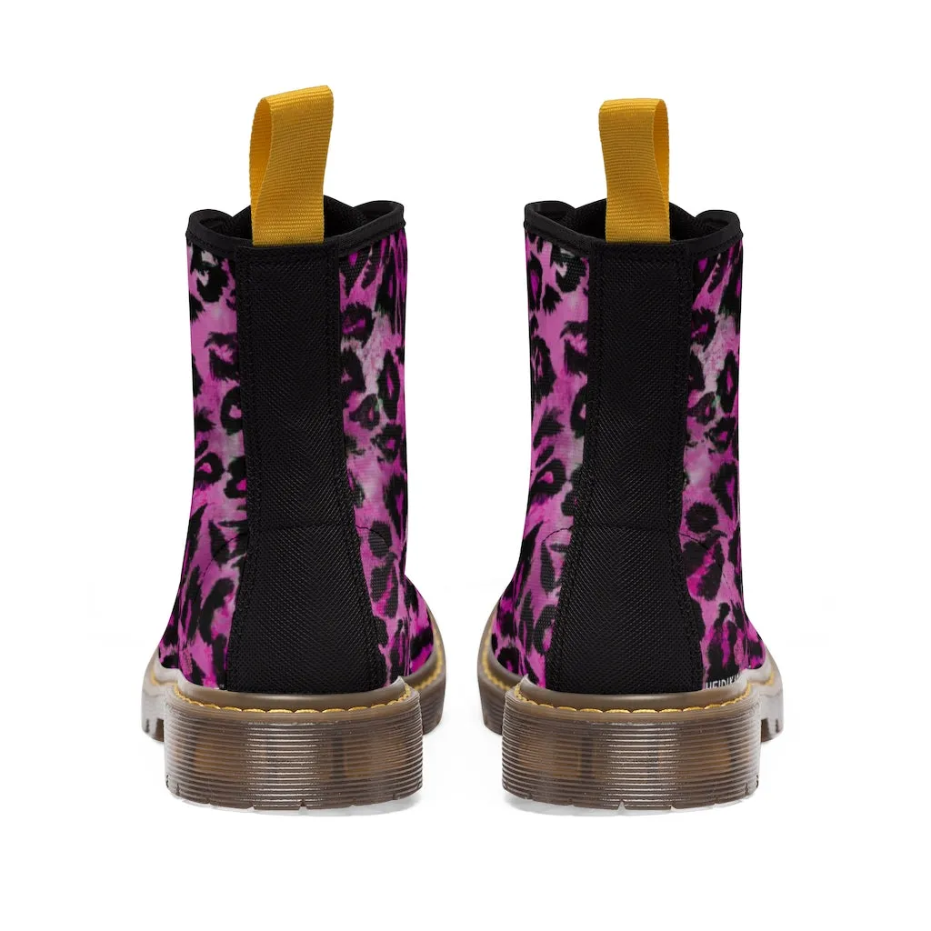 Pink Leopard Women's Canvas Boots, Best Leopard Animal Print Winter Boots For Ladies