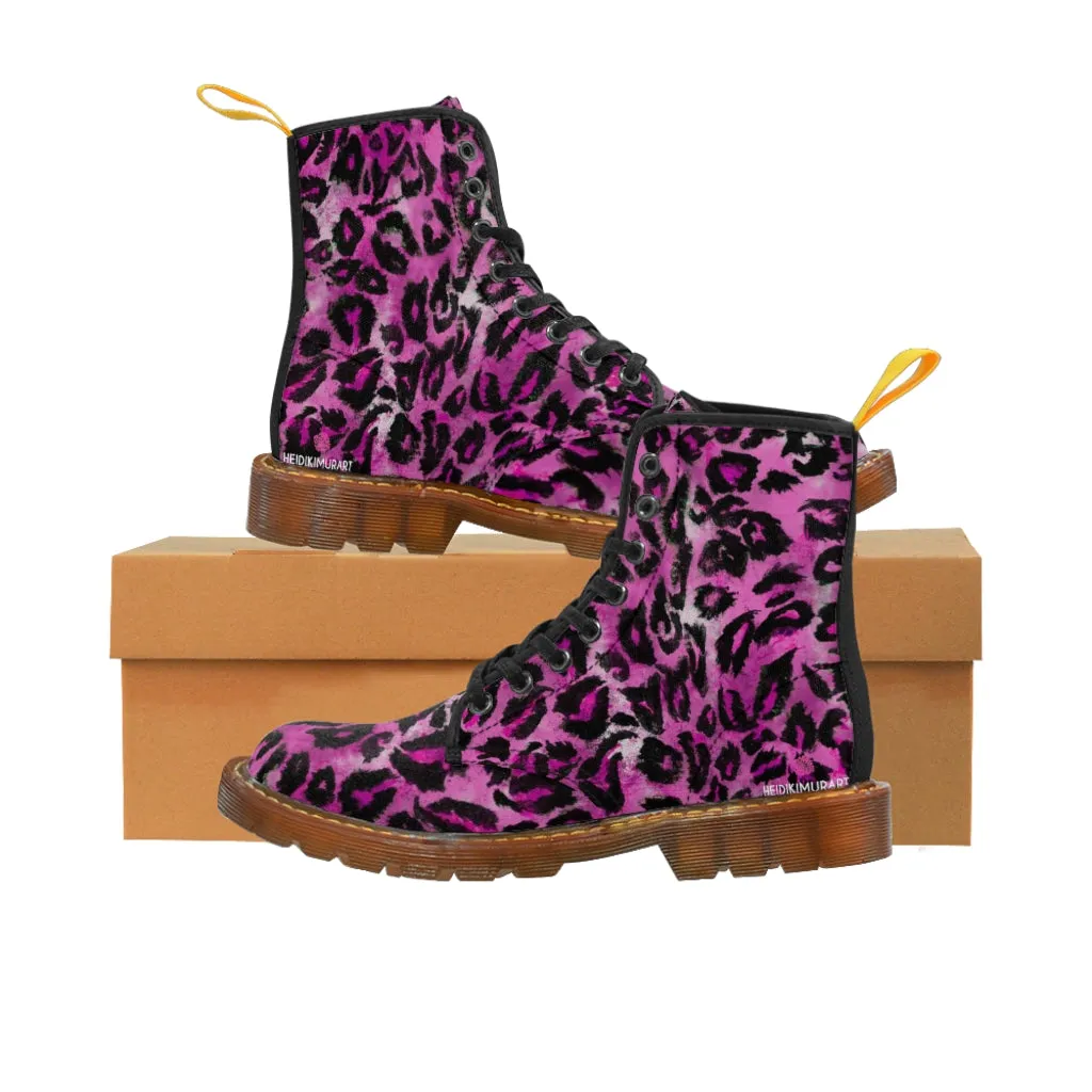 Pink Leopard Women's Canvas Boots, Best Leopard Animal Print Winter Boots For Ladies