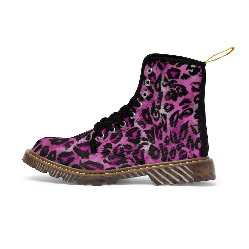 Pink Leopard Women's Canvas Boots, Best Leopard Animal Print Winter Boots For Ladies