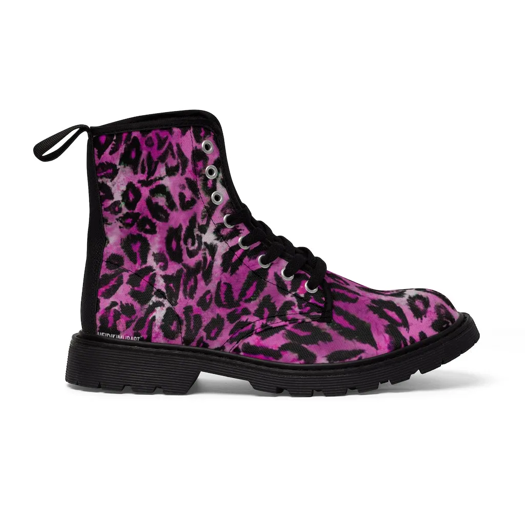Pink Leopard Women's Canvas Boots, Best Leopard Animal Print Winter Boots For Ladies