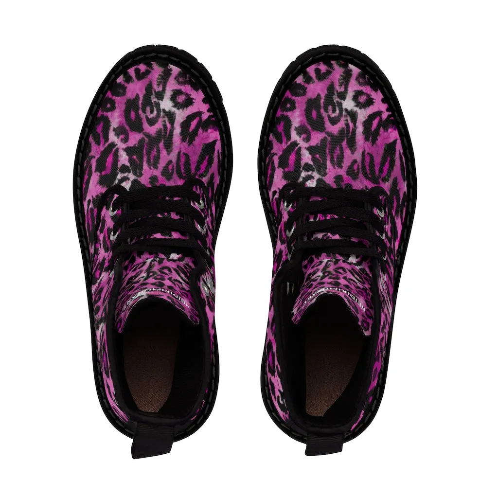 Pink Leopard Women's Canvas Boots, Best Leopard Animal Print Winter Boots For Ladies