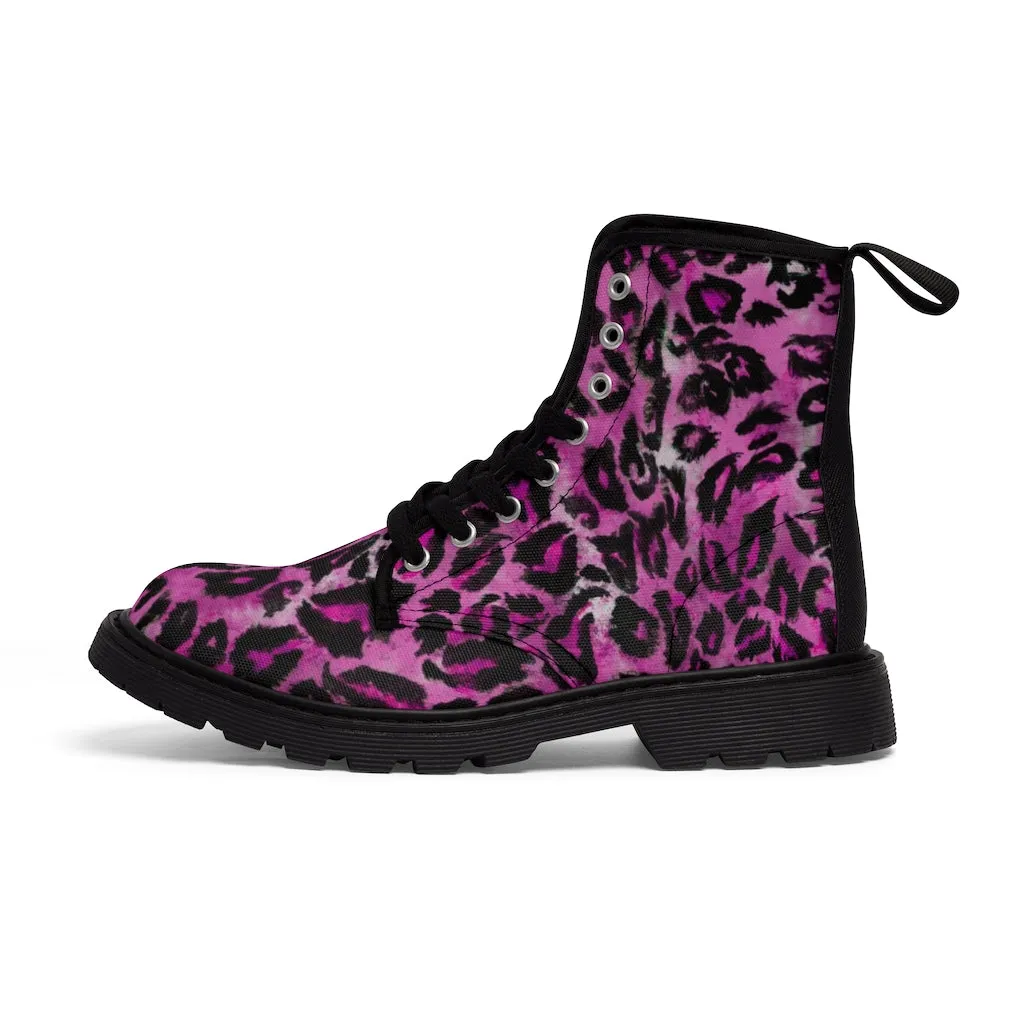 Pink Leopard Women's Canvas Boots, Best Leopard Animal Print Winter Boots For Ladies