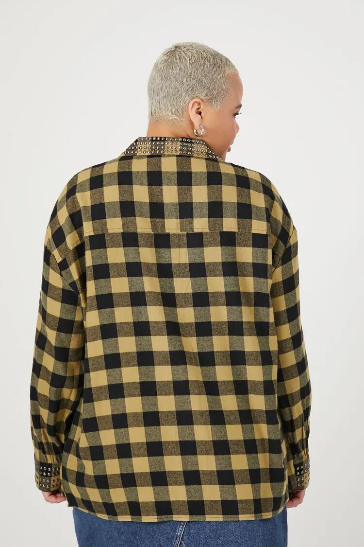 Plus Size Studded Plaid Flannel Shirt