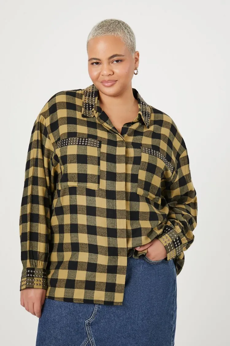 Plus Size Studded Plaid Flannel Shirt