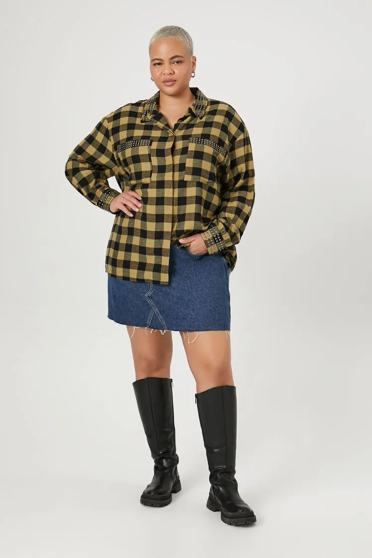 Plus Size Studded Plaid Flannel Shirt