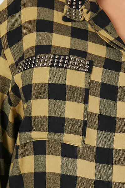 Plus Size Studded Plaid Flannel Shirt