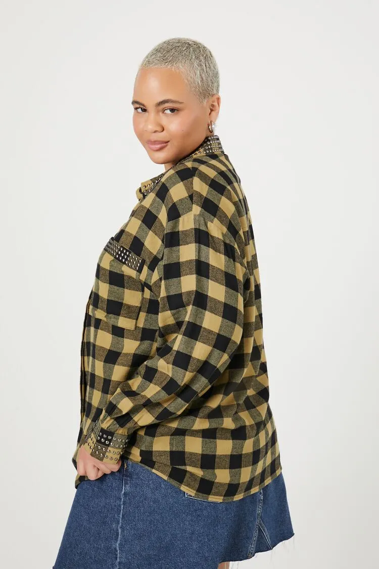 Plus Size Studded Plaid Flannel Shirt