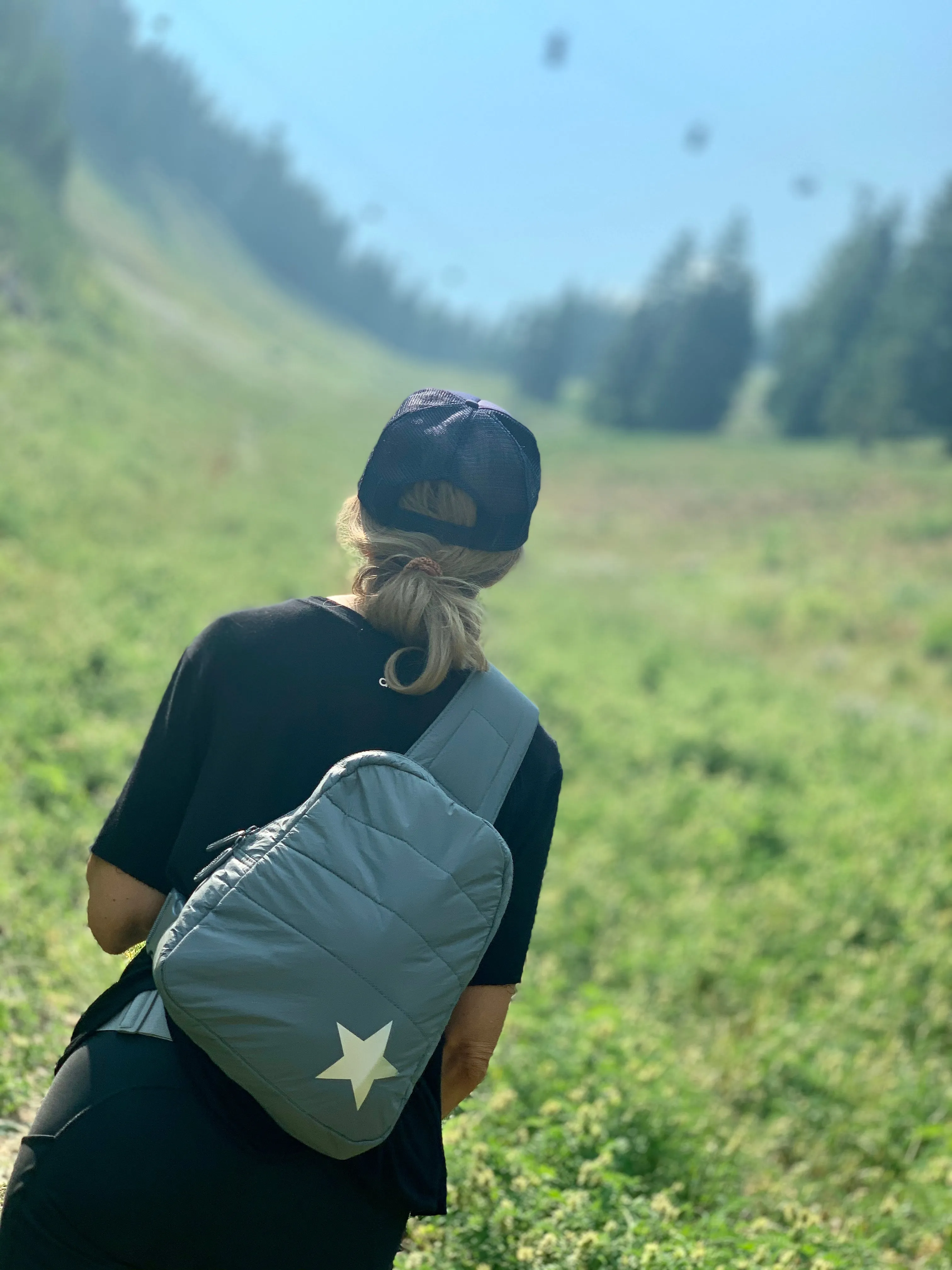 Puffer Crossbody Backpack in Cool Gray with Silver Star