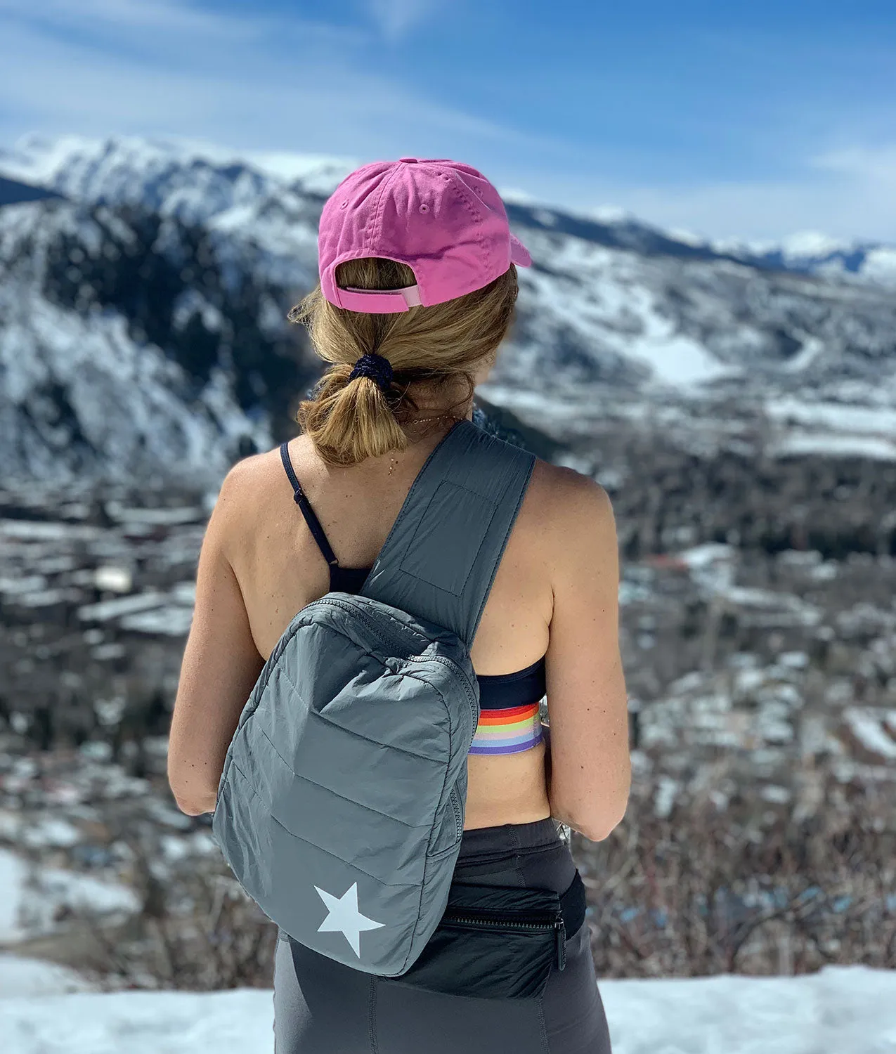 Puffer Crossbody Backpack in Cool Gray with Silver Star