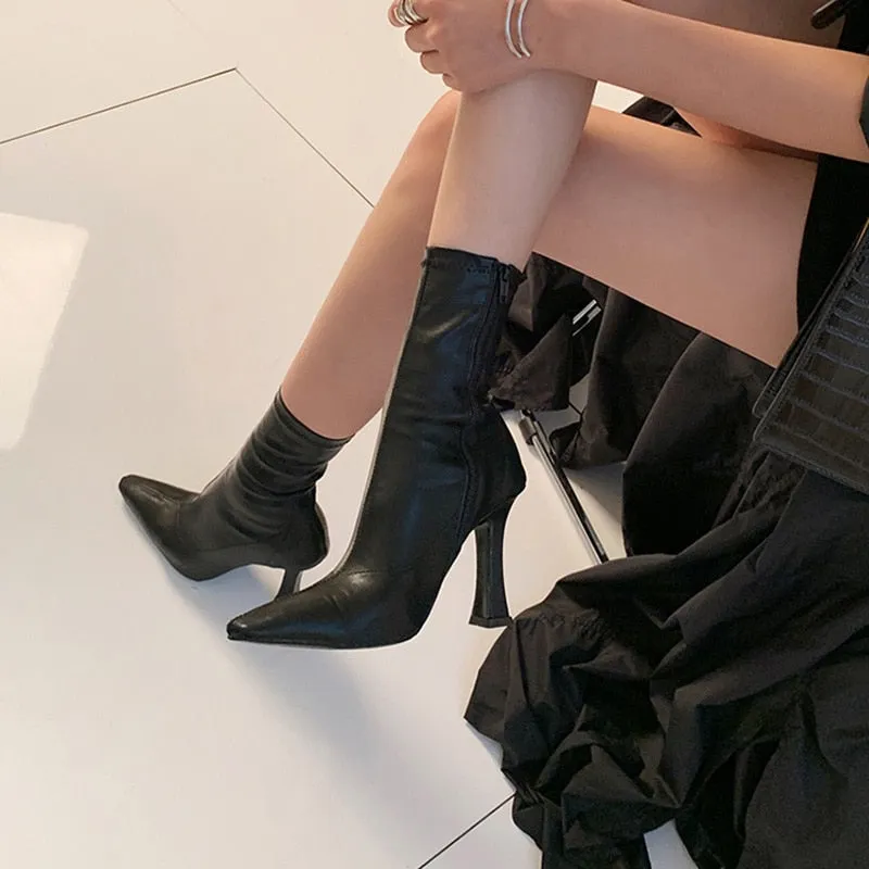 Purpdrank - Black Women Ankle Boots Woman Thin High Heel Fashion Pointed Toe Zipper Winter Women's Shoes Leather White Short Booties