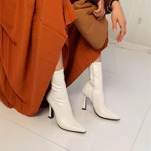 Purpdrank - Black Women Ankle Boots Woman Thin High Heel Fashion Pointed Toe Zipper Winter Women's Shoes Leather White Short Booties