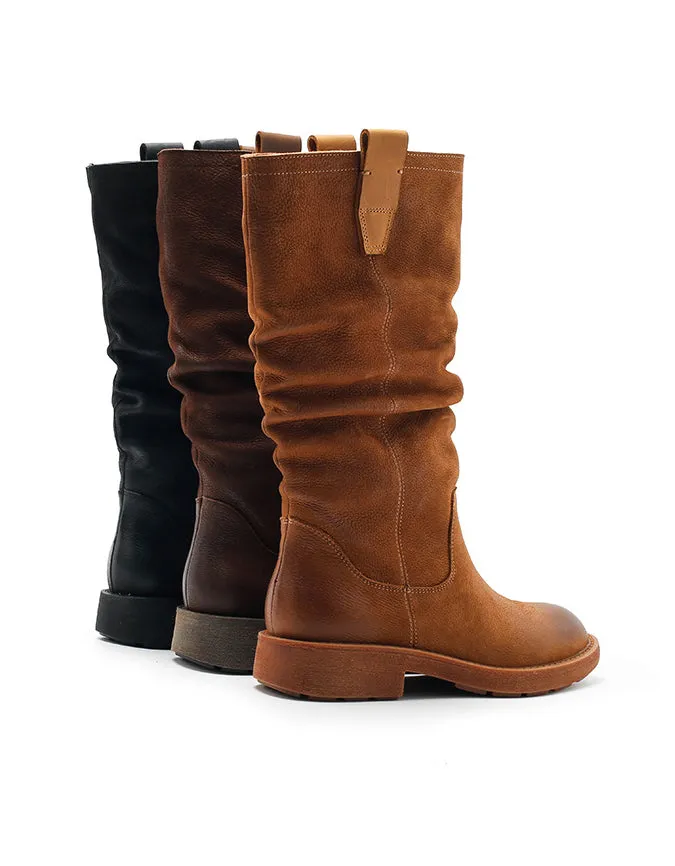 Real Leather Handmade Pleated Winter Mid-calf Boots
