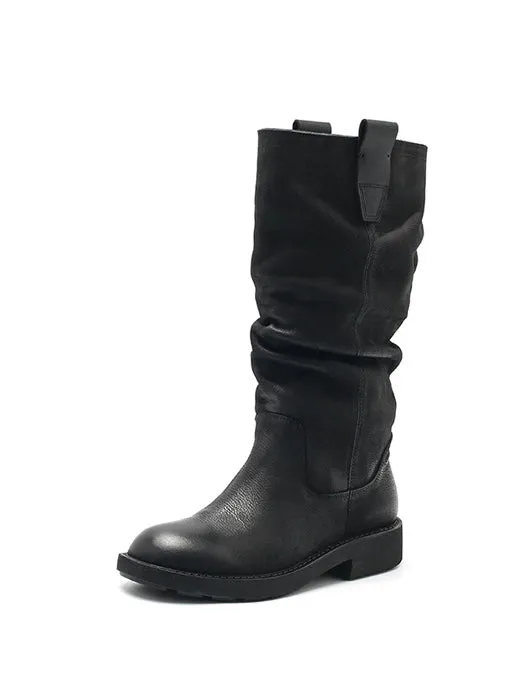 Real Leather Handmade Pleated Winter Mid-calf Boots