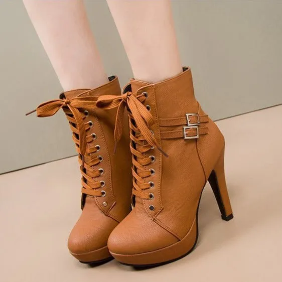 Round toe platform high heels lace-up booties