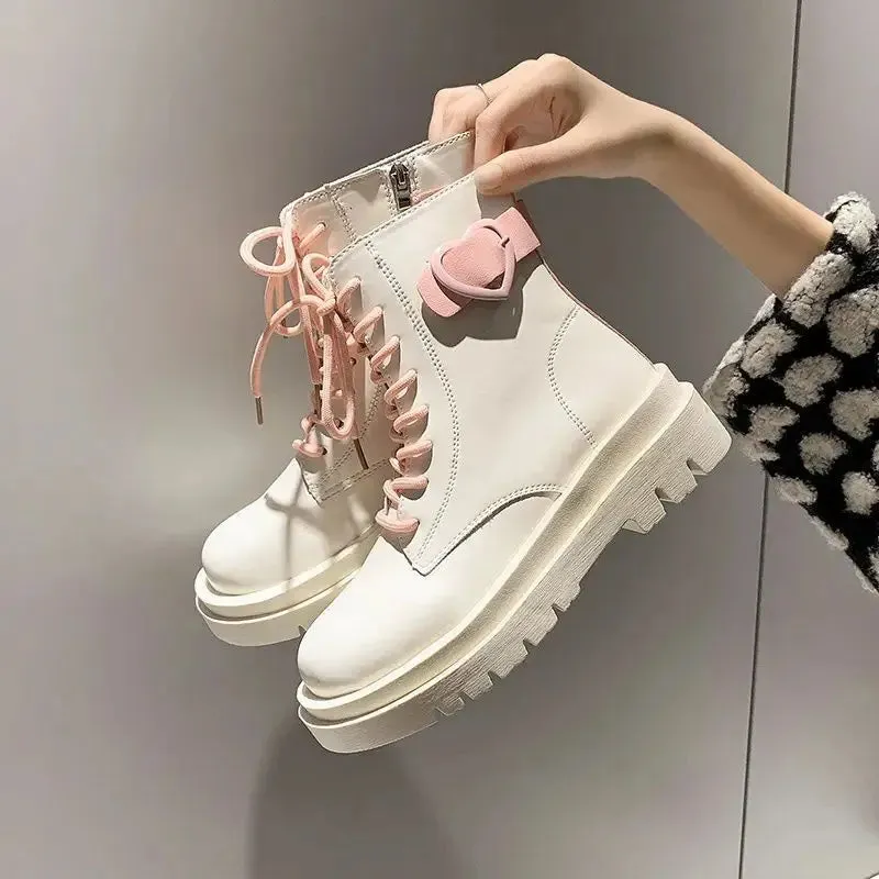 Sohiwoo Booties Round Toe Kawaii Short Shoes for Woman Punk Style Footwear Combat Platform Cute Women's Ankle Boots Chunky Spring