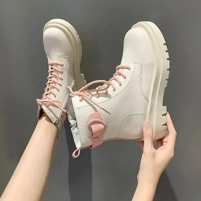 Sohiwoo Booties Round Toe Kawaii Short Shoes for Woman Punk Style Footwear Combat Platform Cute Women's Ankle Boots Chunky Spring