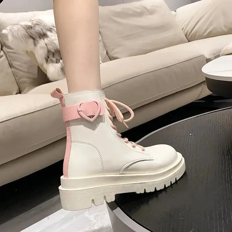 Sohiwoo Booties Round Toe Kawaii Short Shoes for Woman Punk Style Footwear Combat Platform Cute Women's Ankle Boots Chunky Spring
