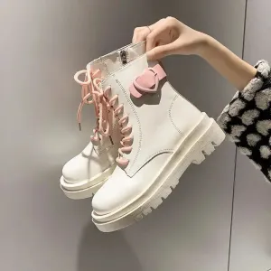 Sohiwoo Booties Round Toe Kawaii Short Shoes for Woman Punk Style Footwear Combat Platform Cute Women's Ankle Boots Chunky Spring
