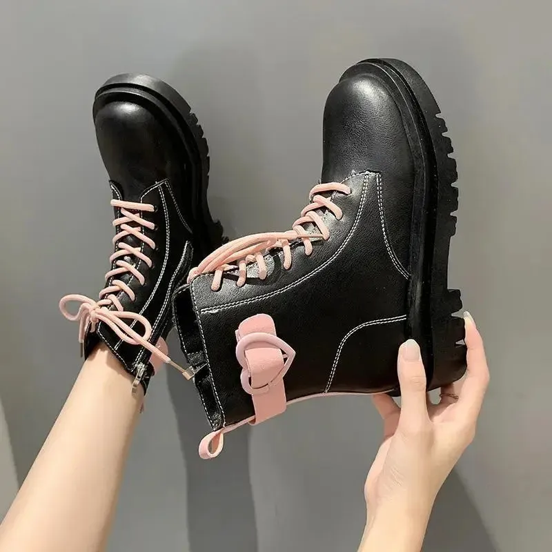 Sohiwoo Booties Round Toe Kawaii Short Shoes for Woman Punk Style Footwear Combat Platform Cute Women's Ankle Boots Chunky Spring