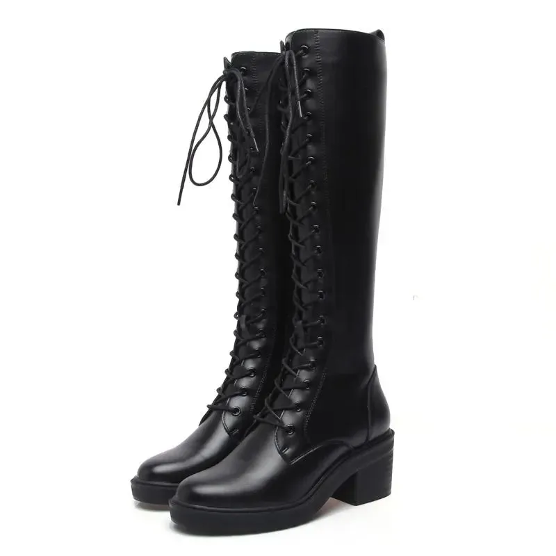 Sohiwoo Footwear Long Ladies Boots Elegant Heeled High Heels Shoes for Women Lace-up Winter Knee Shaft with Laces White Spring Autumn Pu
