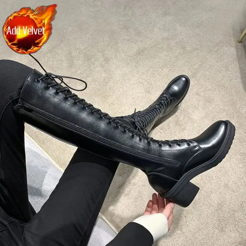 Sohiwoo Footwear Long Ladies Boots Elegant Heeled High Heels Shoes for Women Lace-up Winter Knee Shaft with Laces White Spring Autumn Pu