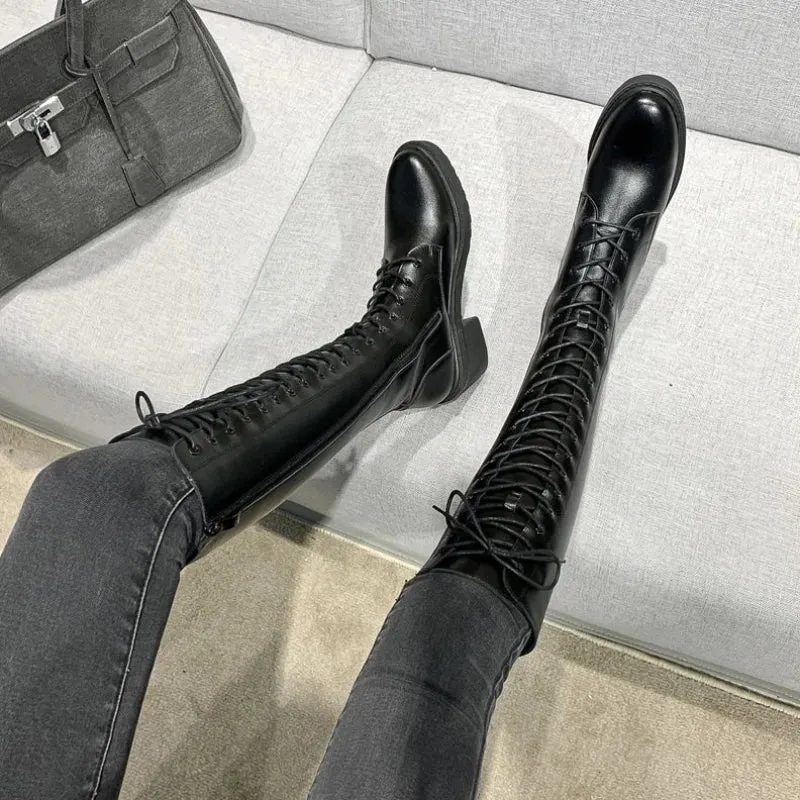 Sohiwoo Footwear Long Ladies Boots Elegant Heeled High Heels Shoes for Women Lace-up Winter Knee Shaft with Laces White Spring Autumn Pu