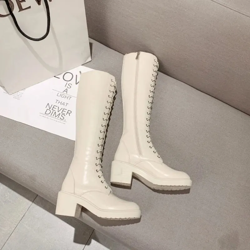 Sohiwoo Footwear Long Ladies Boots Elegant Heeled High Heels Shoes for Women Lace-up Winter Knee Shaft with Laces White Spring Autumn Pu