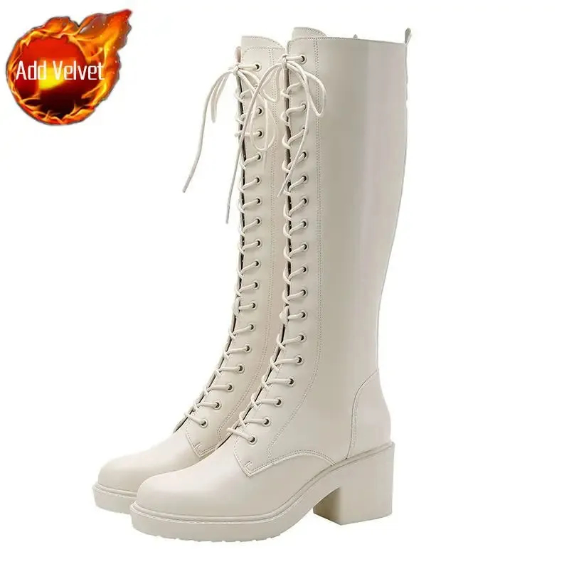 Sohiwoo Footwear Long Ladies Boots Elegant Heeled High Heels Shoes for Women Lace-up Winter Knee Shaft with Laces White Spring Autumn Pu