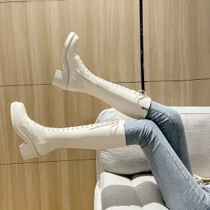 Sohiwoo Footwear Long Ladies Boots Elegant Heeled High Heels Shoes for Women Lace-up Winter Knee Shaft with Laces White Spring Autumn Pu